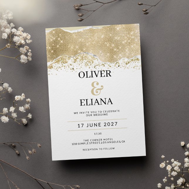 Convite Casamento branco luxuoso com brilho prateado e dou (Luxury white silver and gold glitter Wedding)