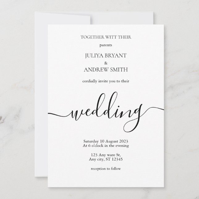 Convite Casamento branco minimalista de Script (Frente)