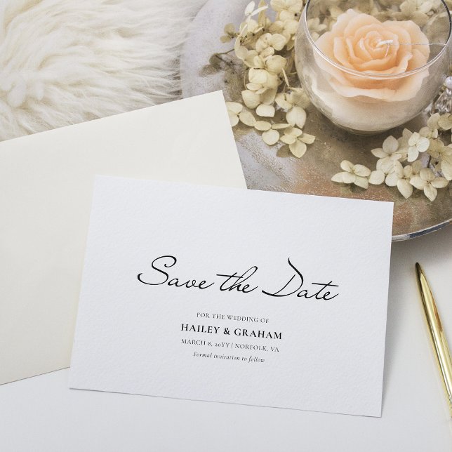 Convite Casamento Branco Mínimo do Script Clássico Salvar  (Criador carregado)