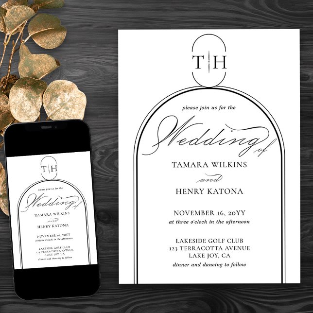 Convite Casamento Branco Monograma de Caligrafia Elegante (Elegant monogrammed wedding invitation in black and white from my Wedding Colors Collection)