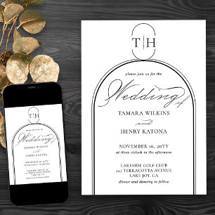 Convite Casamento Branco Monogramado com Caligrafia Elegan