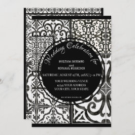 Convite Casamento Branco Negro Azulejo Moderno da Casa Far