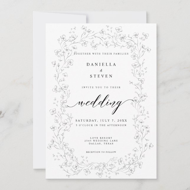 Convite Casamento Branco Negro com Caligrafia Clássica (Frente)