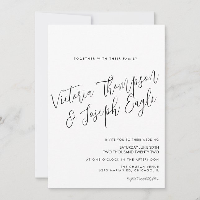 Convite Casamento Branco Negro com Manuscrito Moderno Mini (Frente)