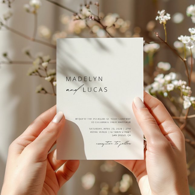 Convite Casamento Branco Negro da Caligrafia Moderna Minim (Criador carregado)