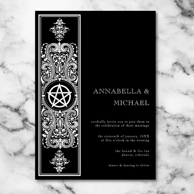 Convite Casamento Branco Negro da Estrela Pentagrama Gótic (Gothic Pentagram Star Black White Wedding Invitation)