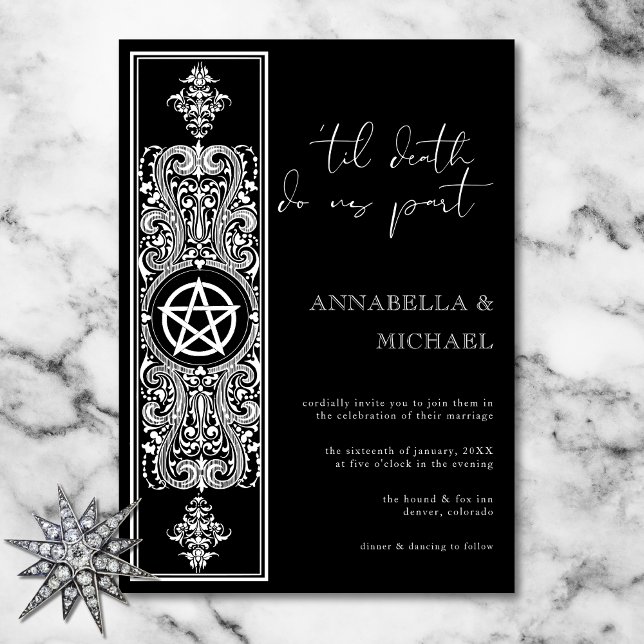 Convite Casamento Branco Negro da Estrela Pentagrama Gótic (Gothic Pentagram Star Black White Wedding Invitation)