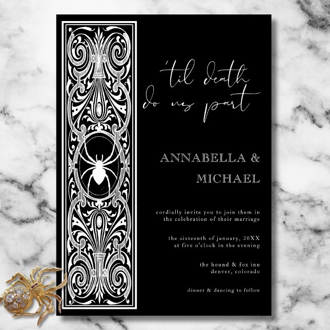 Convite Casamento Branco Negro de Aranha-Gótica (Gothic Spooky Spider Black White Wedding Invitation)