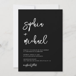 Convite Casamento Branco Negro de Script Contemporâneo Mod
