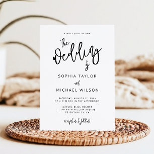 Convite Casamento Branco Negro de Script Contemporâneo Mod