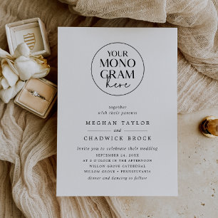 Convite Casamento Branco Negro do Monograma de Crest Elega