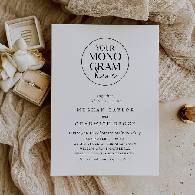 Convite Casamento Branco Negro do Monograma de Crest Elega (MEGHAN Elegant Crest Monogram Black White Wedding Invitation)