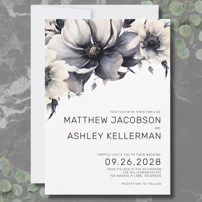 Convite Casamento Branco Negro Floral Simples de Boho Mode (Modern Boho Floral Black White Wedding Invitation)