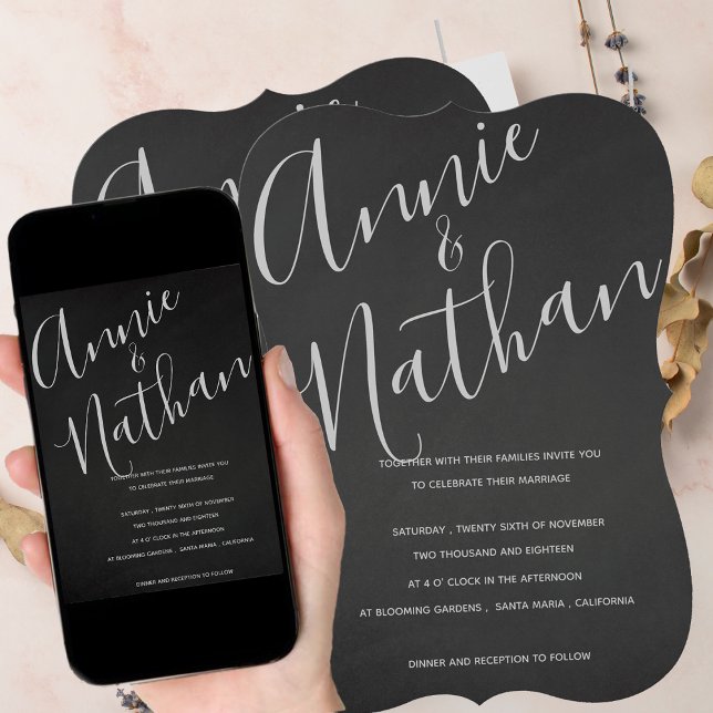 Convite Casamento Branco Negro Minimalista Elegante (Minimalist Cute Chalkboard Elegant Script Wedding Invitation)