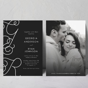 Convite Casamento Branco Negro Monograma Script Whimsical