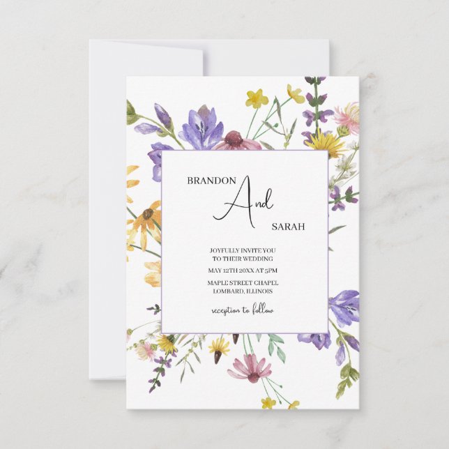 Convite Casamento Branco no Jardim de Flores Silvestres Bo (Frente)