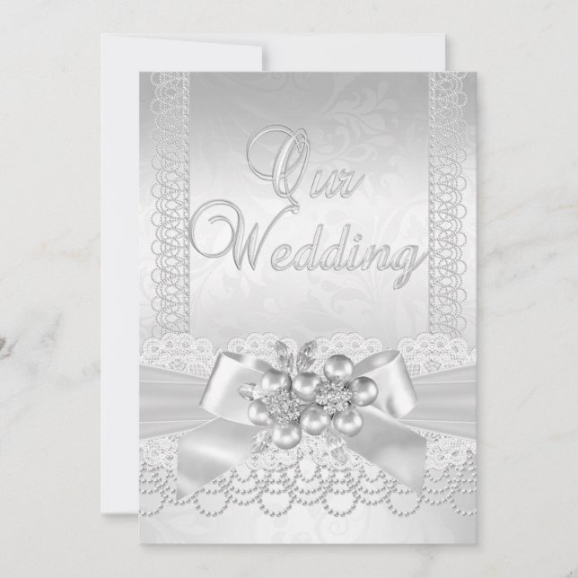 Convite Casamento Branco Pérola de Prata Renda Damask Diam (Frente)