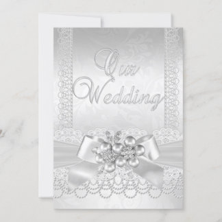 Convite Casamento Branco Pérola de Prata Renda Damask Diam