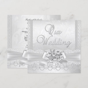 Convite Casamento Branco Pérola Prata Lace Damask Diamante
