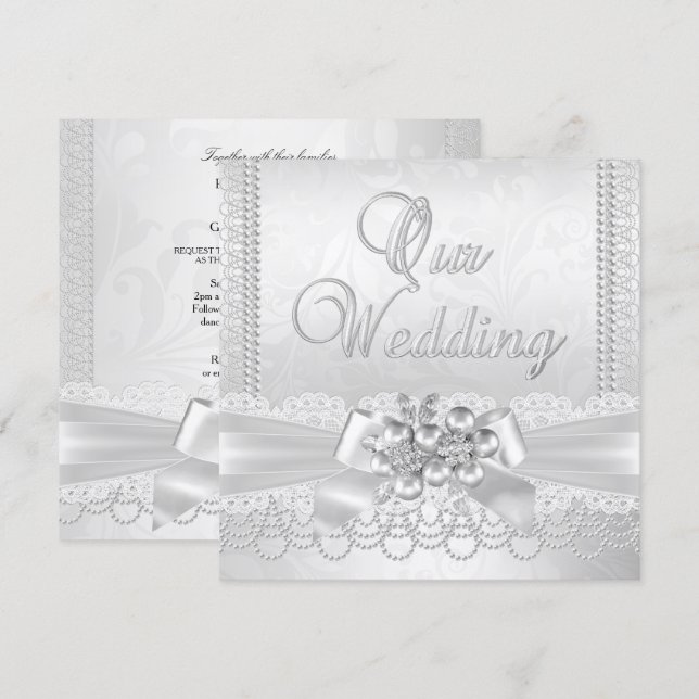 Convite Casamento Branco Pérola Prata Lace Damask Diamante (Frente/Verso)