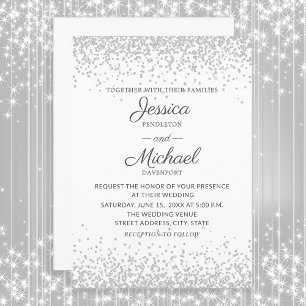Convite Casamento Branco Prateado Glitter Moderno Elegante