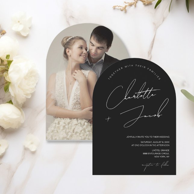 Convite Casamento branco preto com Arch de Script Manuscri (Black white handwritten script, photo wedding invitation.)