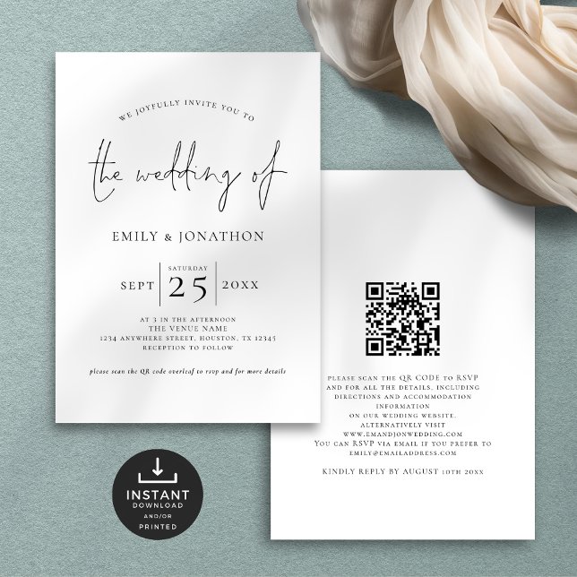 Convite Casamento Branco Preto com Código QR de Script Min (Front and back view)