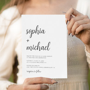 Convite Casamento Branco Preto com Letra Mão Elegante