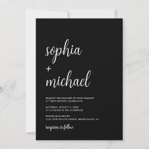Convite Casamento Branco Preto com Letra Mão Elegante