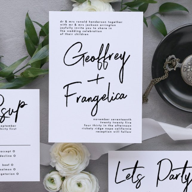 Convite Casamento Branco Preto com Nomes Personalizados de (Invitation showcasing suite - additional items (bought separately))