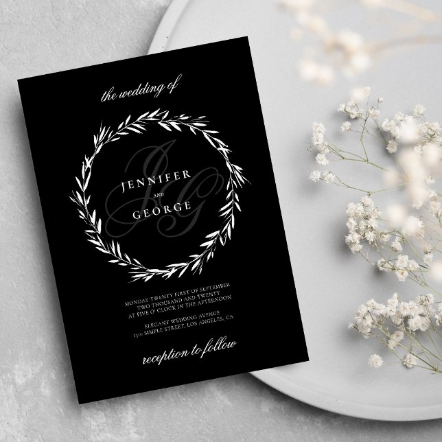 Convite Casamento branco preto das iniciais do monograma (Elegant monogram initials black white Wedding )