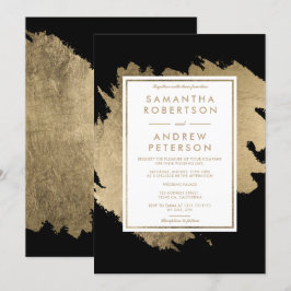 Convite Casamento branco preto de pincéis de ouro moderno