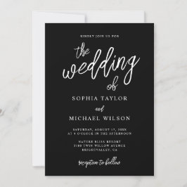 Convite Casamento Branco Preto de Script Contemporâneo na