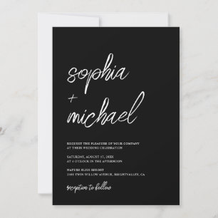 Convite Casamento Branco Preto de Script Contemporâneo na 