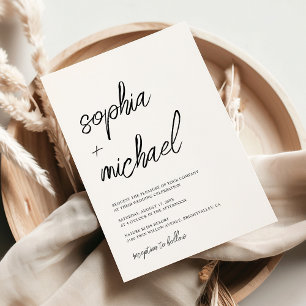 Convite Casamento Branco Preto de Script Contemporâneo na 