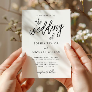 Convite Casamento Branco Preto de Script Contemporâneo na