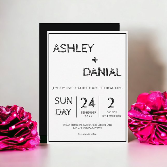 Convite Casamento Branco Preto de Script Moderno Simples (Criador carregado)