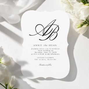 Convite Casamento Branco Preto Monograma Elegante