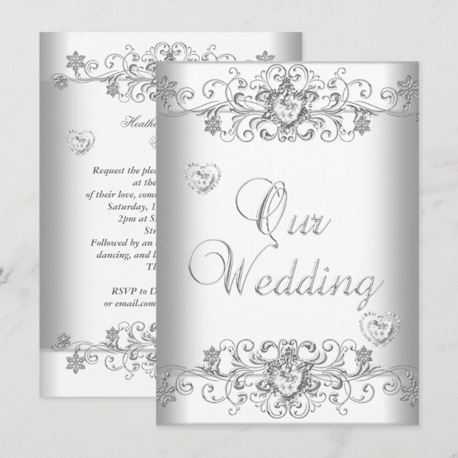 Convite Casamento Branco Puro Corações de Diamante Prata (Frente/Verso)