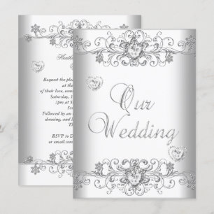 Convite Casamento Branco Puro Corações de Prata e Diamante