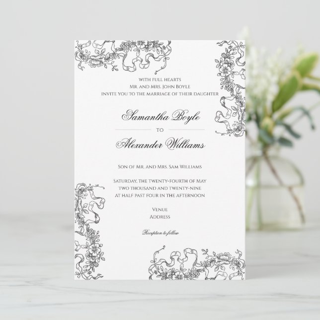 Convite Casamento Branco Romântico Floral Francês Rococo N (Em pé/Frente)