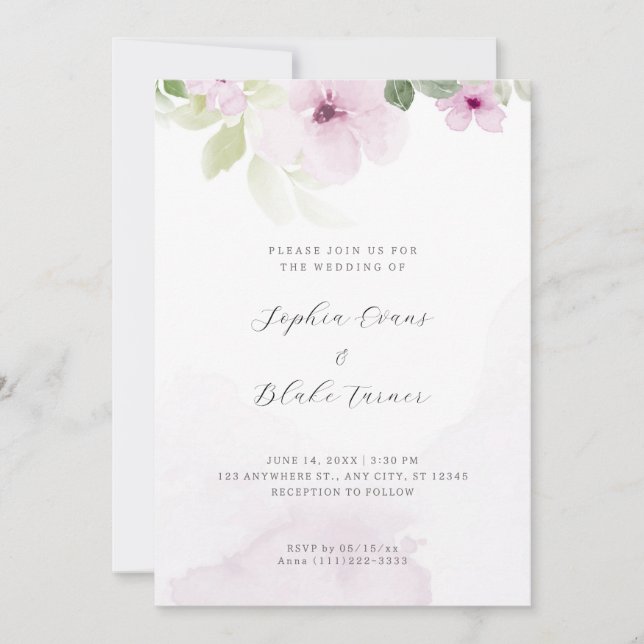 Convite Casamento Branco Romântico Rosa e Verde Floral (Frente)