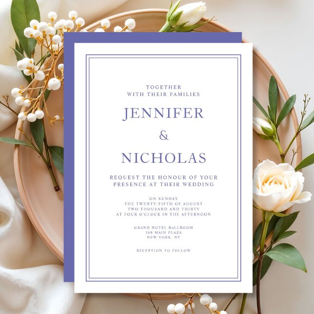 Convite Casamento Branco Roxo Clássico Elegante  (Elegant Classic Purple White Wedding Invitation)