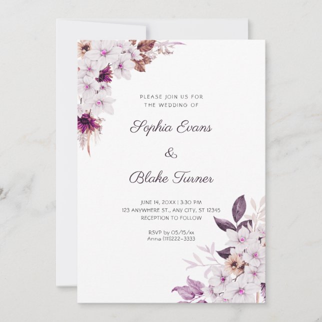 Convite Casamento Branco Rústico e Flores Rosas Boho Branc (Frente)