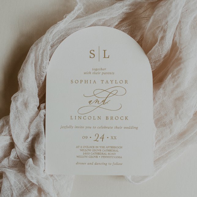 Convite Casamento Branco Simples e Dourado do Sophia Arch (SOPHIA Arch Simple Minimalist Gold White Wedding Invitation)