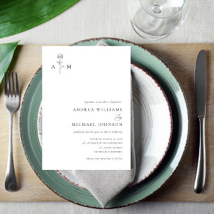 Convite Casamento Branco Simples Monograma Botânico Ampers