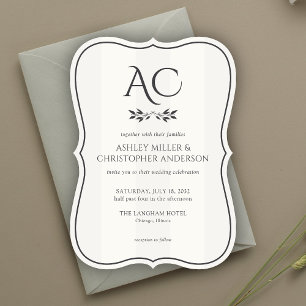 Convite Casamento branco suave e liso de monograma minimal