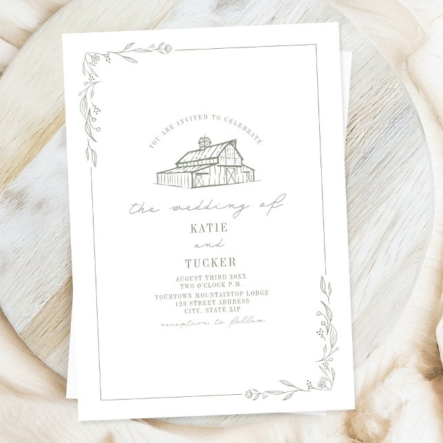 Convite Casamento Branco Verde Barn Sage Rustic Art (Criador carregado)