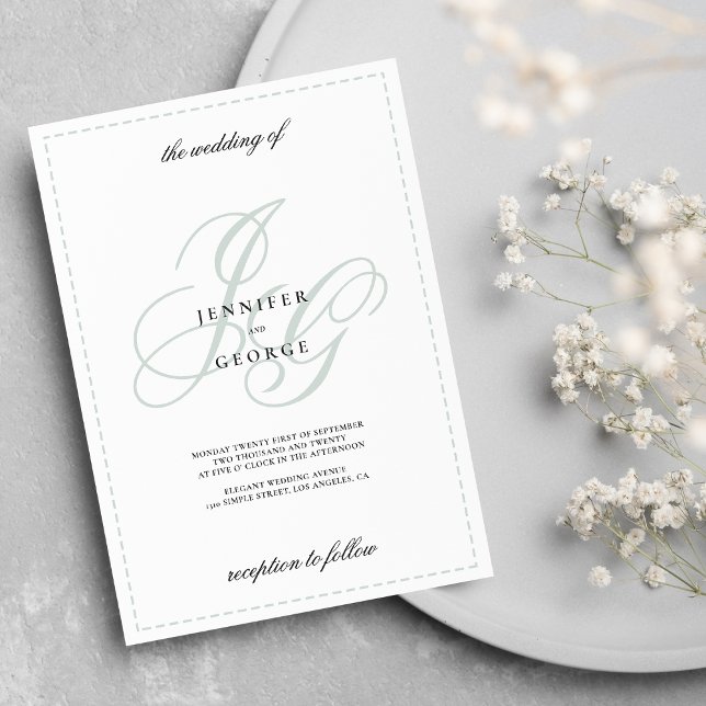 Convite Casamento branco verde da horta do monograma elega (Elegant monogram initials mint green white wedding )