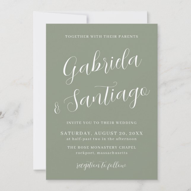 Convite Casamento Branco Verde Sage com Script Simples (Frente)